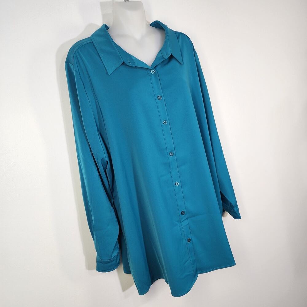 Susan Graver Big Shirt Size 1X Green Stretch Peachskin Fabric Button Up A203722 - Picture 4 of 10
